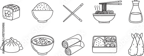 Collection of traditional japanese and asian food icons featuring sushi, noodles, rice, and tempura