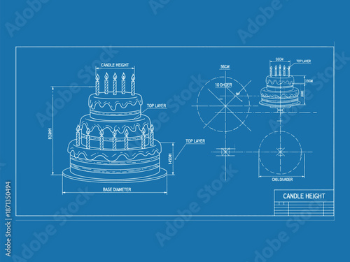 Birthday Cake Blueprint Technical Drawing - Three-Tier Cake Design with Measurements and Candles Vector Illustration