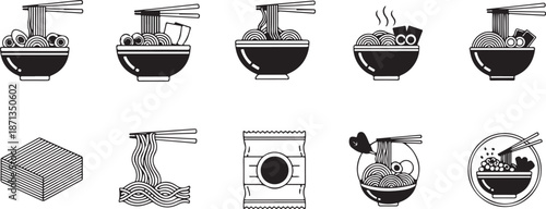 Diverse collection of black and white line art icons featuring ramen noodles and instant meal elements