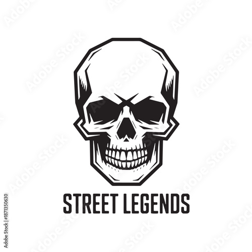 Edgy skull graphic with bold typography. Street rebel lettering with skeleton head. Gritty underground fashion element for t-shirt prints and logo art.