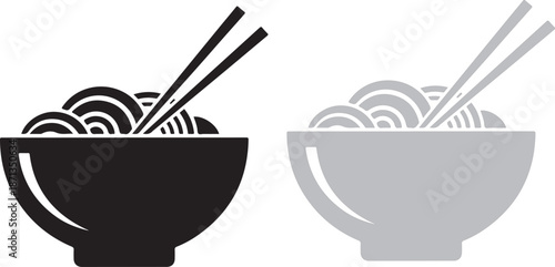 Stylized noodle bowls with chopsticks icon in black and gray for asian cuisine design