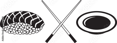 Classic black and white illustration of sushi, crossed chopsticks, and an empty plate