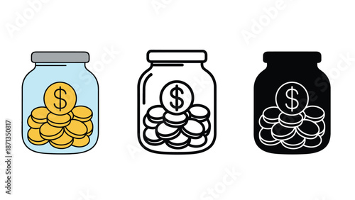 Three jars filled with coins and a dollar sign on top for saving money