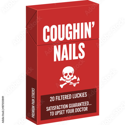 red color realistic cigarette packet with a funny brand name in flat color block vector illustration