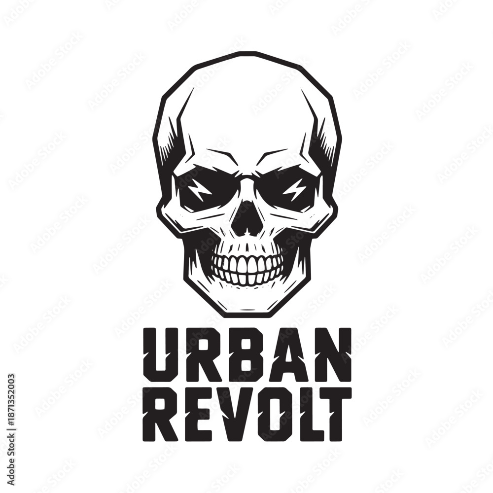 Obraz premium Edgy skull graphic with bold typography. Street rebel lettering with skeleton head. Gritty underground fashion element for t-shirt prints and logo art.