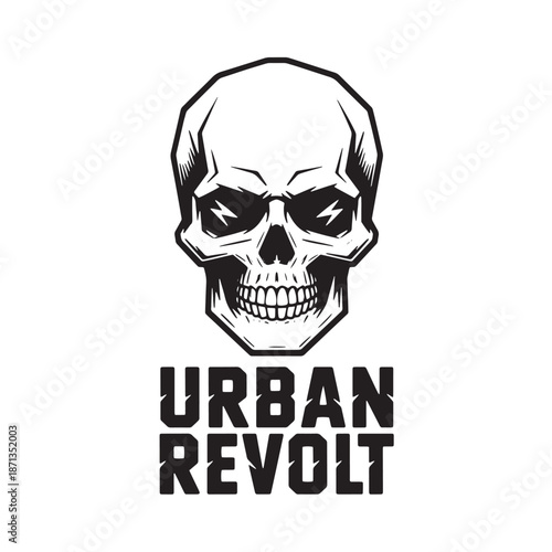 Edgy skull graphic with bold typography. Street rebel lettering with skeleton head. Gritty underground fashion element for t-shirt prints and logo art.