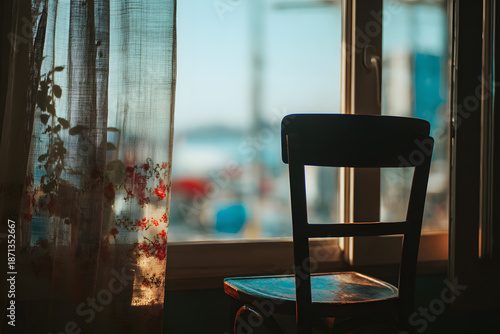 Sunlight streams through a window onto an empty chair near a scenic view of the waterfront during the afternoon