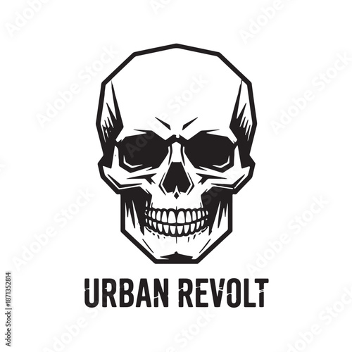 Edgy skull graphic with bold typography. Street rebel lettering with skeleton head. Gritty underground fashion element for t-shirt prints and logo art.