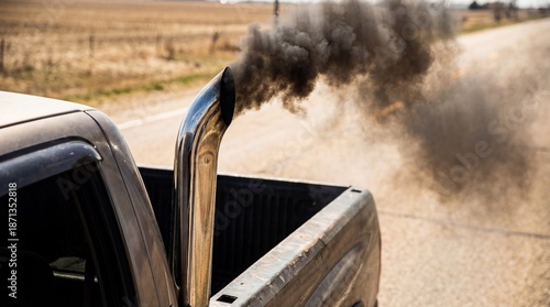 Pickup Truck Emitting Thick Black Smoke from Exhaust Pipe on a Rural Road