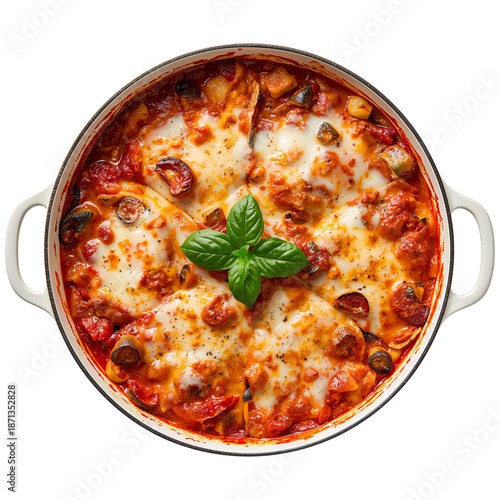 Pasta Dish With Sauce and Cheese Served in a White Baking Dish With Herbs on Top