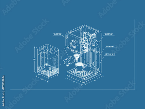 Coffee Machine Technical Blueprint - Exploded View of Espresso Maker Components with Water Flow and Heating Unit Vector Illustration