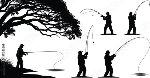 Silhouette fishing scenes under tree, black vector illustration, outdoor activity, casting and reeling motion, peaceful nature concept art design