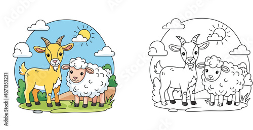 Cute cartoon goat and white sheep standing together in sunny field