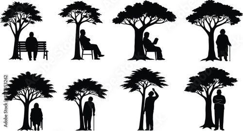 Silhouette people beside trees, black vector illustration, outdoor contemplation, aging and solitude, nature interaction, peaceful design concept art