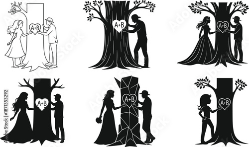Silhouette couples beside trees with heart carvings, black vector illustration, romantic nature scene, love symbol, traditional affection concept art