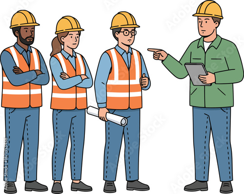 Construction team meeting foreman instructing workers in hard hats and safety vests
