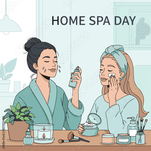 Two Young Women Enjoying a Home Spa Day with Skincare and Beauty Treatments