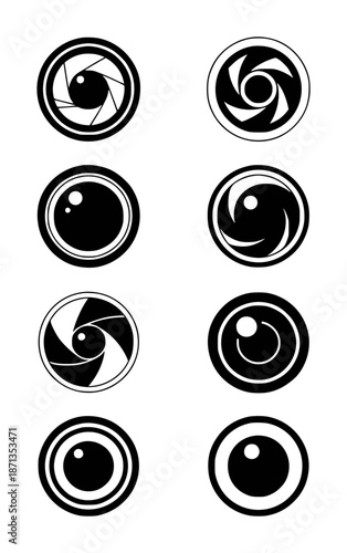 Black and white camera lens aperture arranged in columns symbol