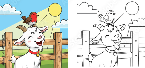 Cute cartoon white goat with red bird on head smiling near wooden fence