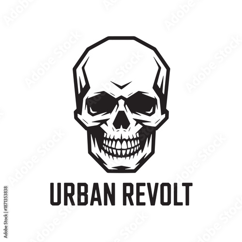 Edgy skull graphic with bold typography. Street rebel lettering with skeleton head. Gritty underground fashion element for t-shirt prints and logo art.