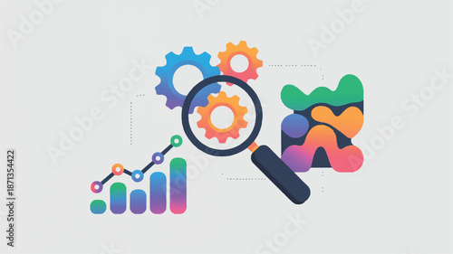 Colorful business analytics and statistics concept with magnifying glass and gears on light background
