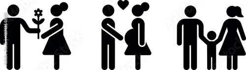 A graphic illustration representing different family stages including a couple with a flower a pregnant couple with a heart and a family with a child isolated on a transparent background
