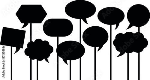 Collection of Diverse Black Speech Bubble Shapes Mounted on Vertical Sticks Against a White Background