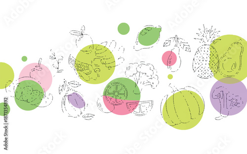 colorful illustration of various fruits and vegetables with colored circles on white background