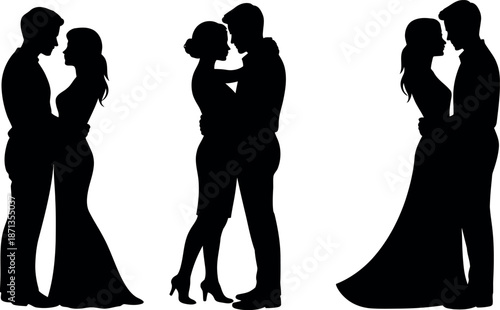 Elegant silhouetted couples embrace intimately in various poses expressing love and romance as graphic design elements isolated on transparent background