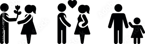 Silhouette figures depicting romance pregnancy and family relationships on a white background