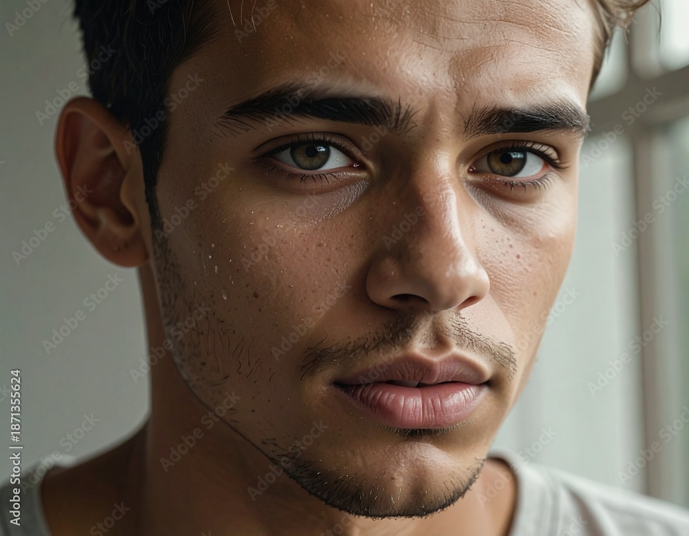 Obraz premium Portrait émotionnel authentique de jeune adulte avec émotion sincère et peau naturelle