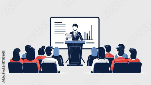 Illustration of a professional speaker delivering a dynamic business presentation to an attentive audience, featuring engaging visual aids on a large screen at a conference
