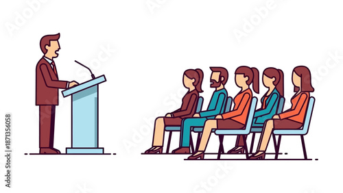 Professional speaker delivering a presentation to a seated audience at a corporate conference or business meeting, sharing knowledge and insights in an engaging educational setting