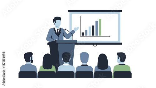 Dynamic speaker delivers an insightful business presentation, engaging an attentive audience with clear data visuals and effective communication