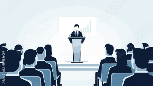 Engaging professional delivers an informative business presentation to a seated audience at a corporate seminar, highlighting key data and strategic insights for growth