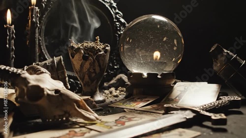 Crystal ball with candle reflection and animal skull nearby indoors