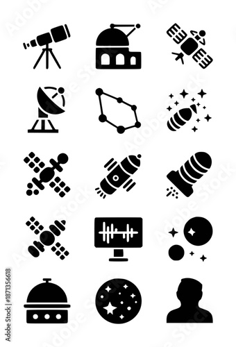 Collection of black depicting space exploration and astronomical observation telescope