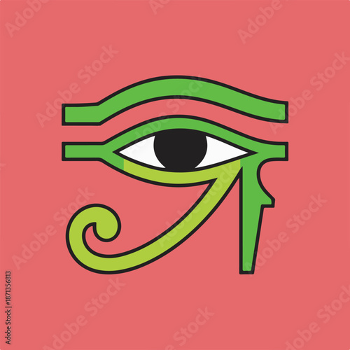 Colorful stylized eye symbol with green and yellow details on a red background ancient egyptian hieroglyph