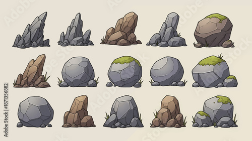 Cartoon rocks and stones collection with moss and grass game assets.