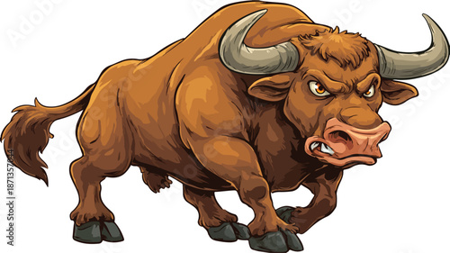 Angry Brown Bull Cartoon Vector with Outline Isolated on White Background