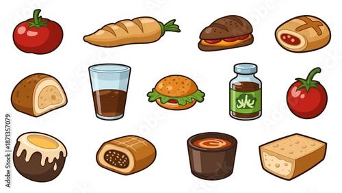 Colorful cartoon food and drink items set including vegetables fast food bread and beverage.