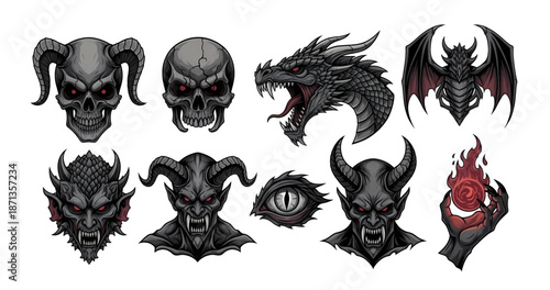 Collection of Dark Fantasy Creatures and Demonic Skulls Illustrations.