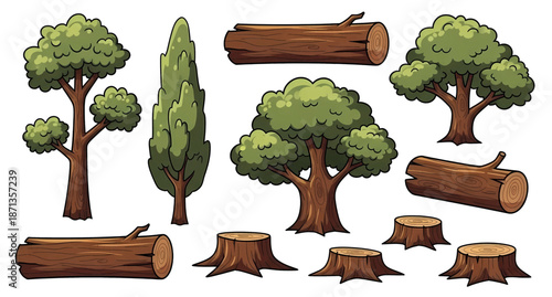 Diverse Cartoon Trees Logs and Stumps Vector Illustration Set.