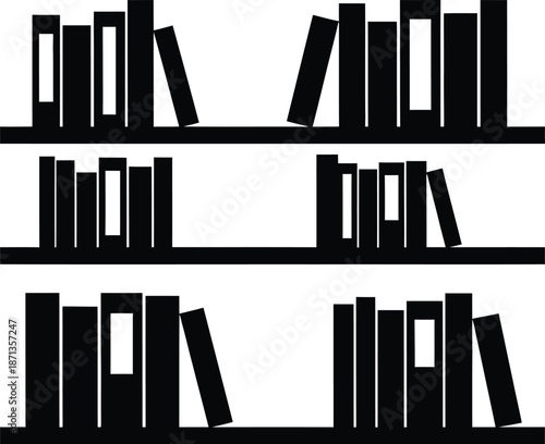 Minimalist bookshelf illustration with three tiers of books in a black silhouette design on a plain background