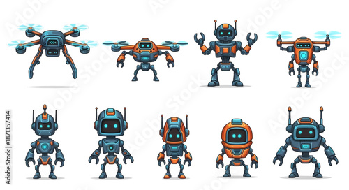 Set of diverse cartoon robots and modern drones with various designs.