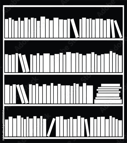 A minimalist black and white illustration of a fully stocked four-shelf bookshelf