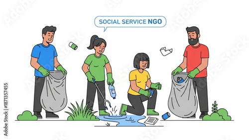Four people wearing gloves picking up trash on the ground for a social service ngo