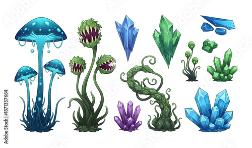 Fantasy Alien Plants Glowing Mushrooms and Magic Crystals Set for Game Assets.