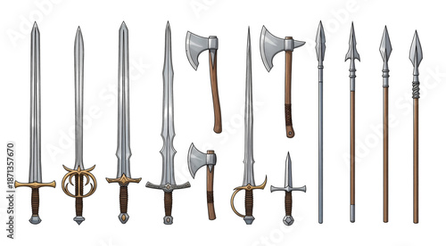Ancient medieval weapons collection featuring swords axes and spears with metallic blades.