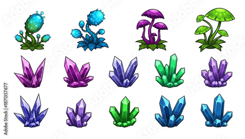 Vibrant Fantasy Game Assets: Cartoon Alien Plants and Magic Crystal Gem Clusters.
